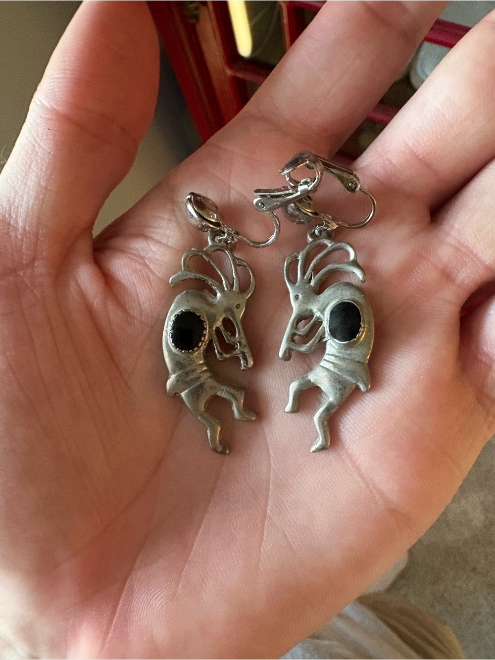 Taxco Silver Kokopelli Earrings with Black Inlay